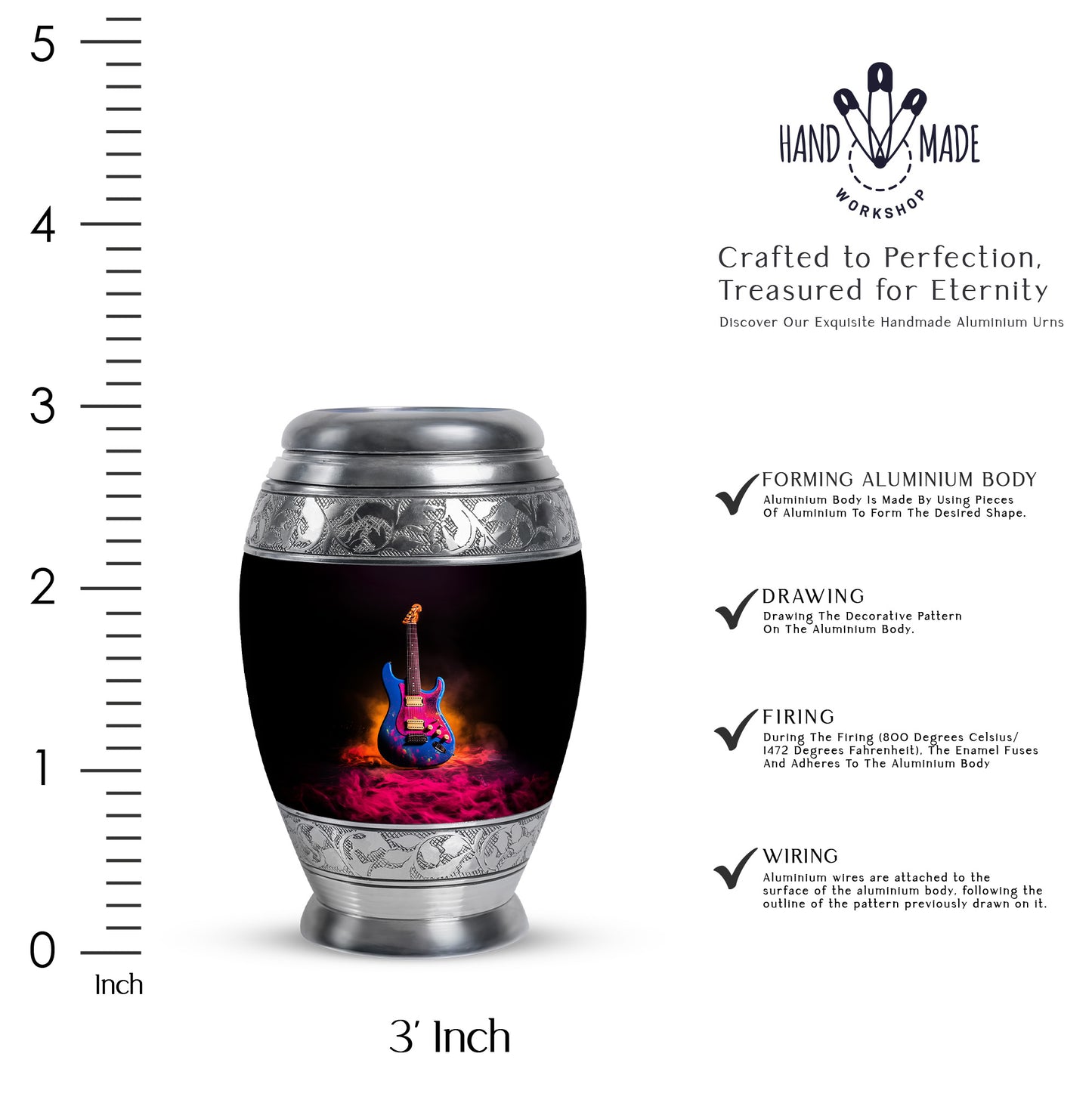 Dark Black Guitar Cremation Urn lifestyle display on memorial shelf - royal guitar engraving with decorative scrollwork - mini keepsake memorial for portion of cremation ashes