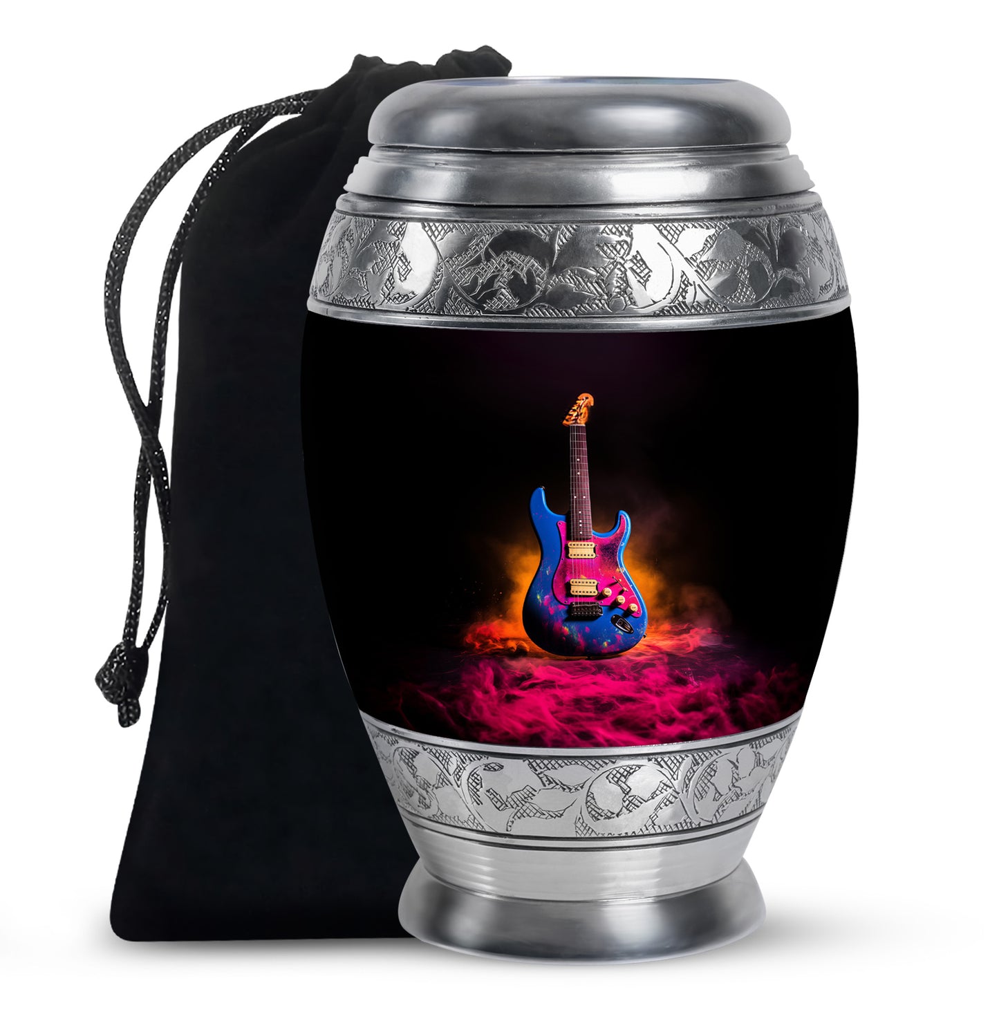 Jet Black Guitar Cremation Urn back view with polished surface - ornate monarch-style guitar relief on brushed aluminum - full-size 10 inch 200 cubic inch adult cremation urn