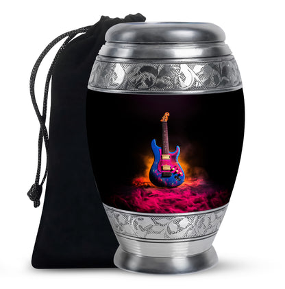 Jet Black Guitar Cremation Urn back view with polished surface - ornate monarch-style guitar relief on brushed aluminum - full-size 10 inch 200 cubic inch adult cremation urn