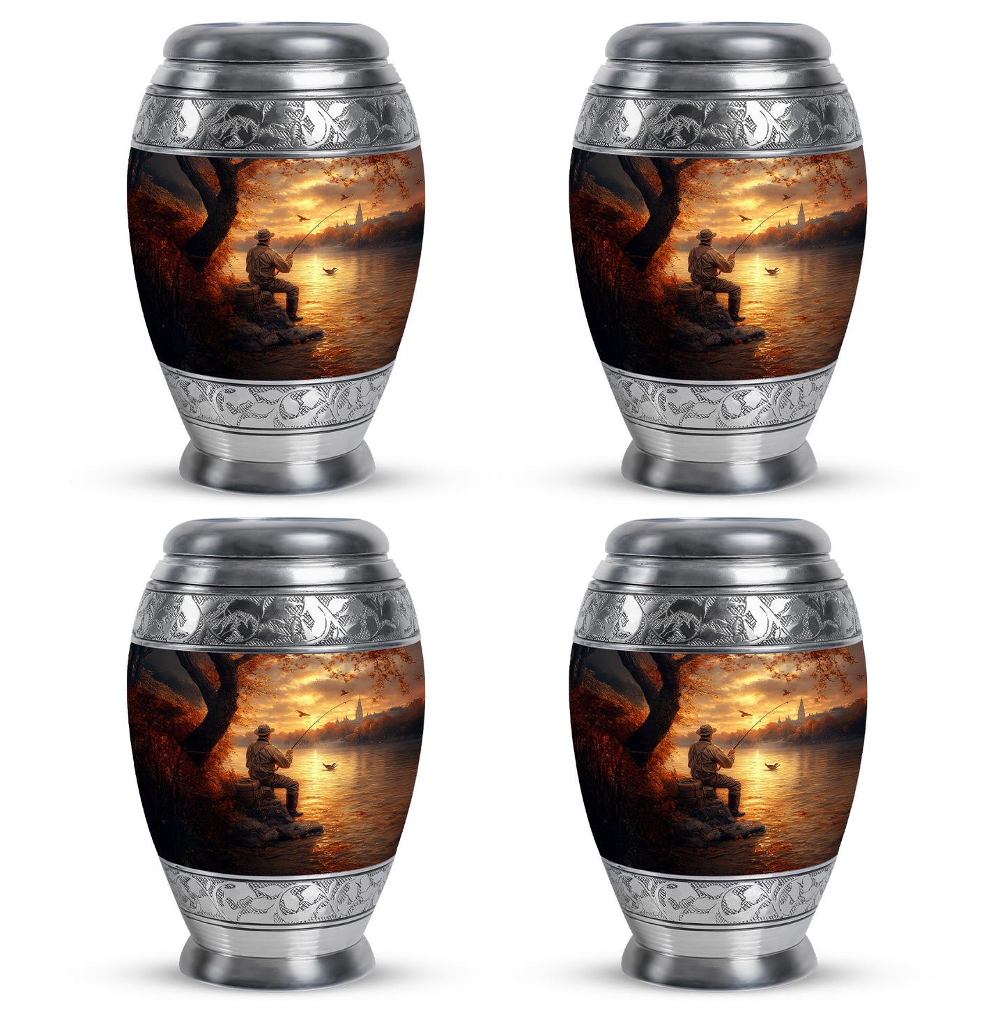 Matte Gold Fishing Cremation Urn urn with complimentary velvet bag - majestic fishing pattern with filigree border - 10 inch aluminum urn for cremated remains