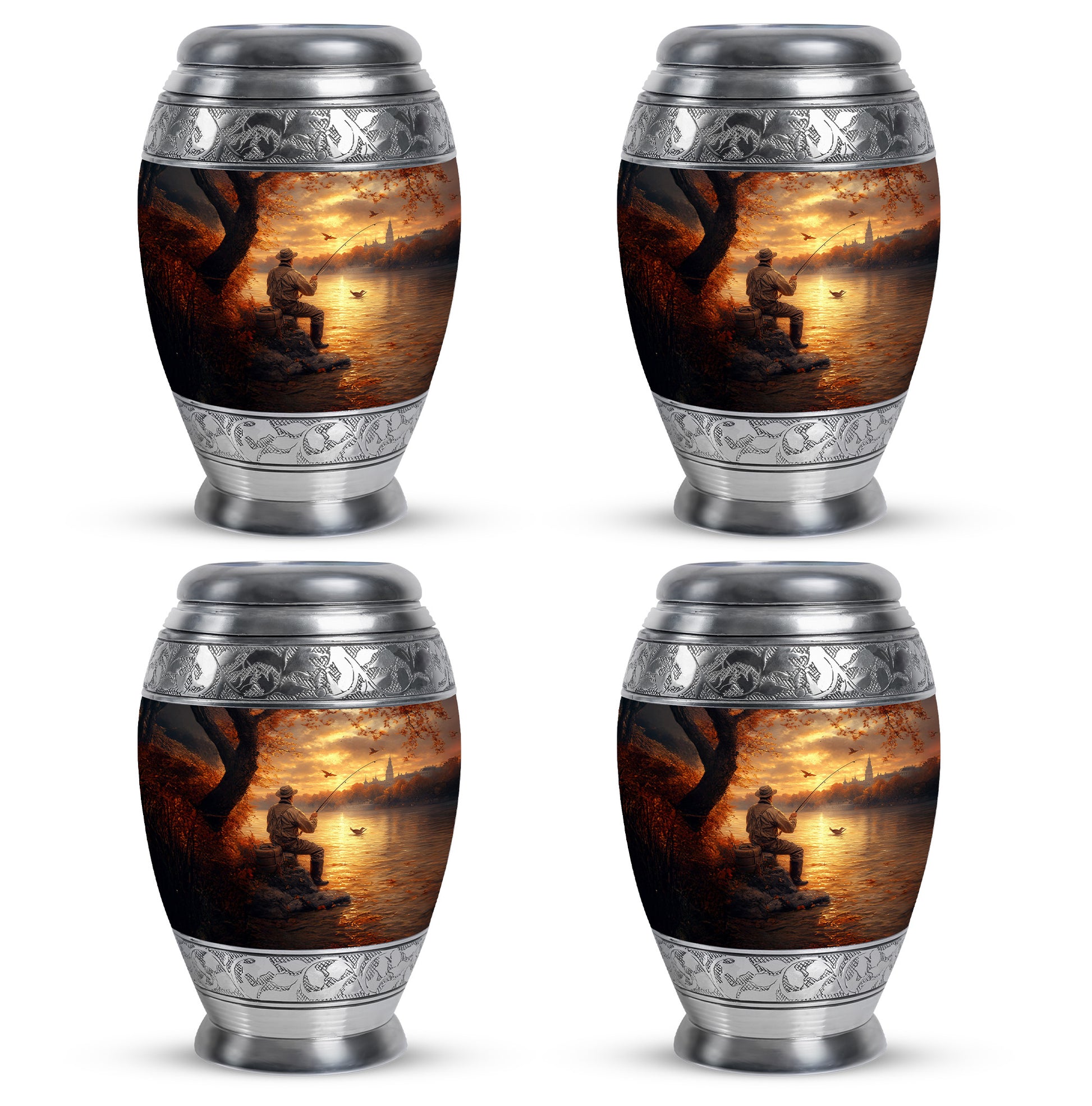 Matte Gold Fishing Cremation Urn urn with complimentary velvet bag - majestic fishing pattern with filigree border - 10 inch aluminum urn for cremated remains