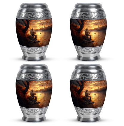 Matte Gold Fishing Cremation Urn urn with complimentary velvet bag - majestic fishing pattern with filigree border - 10 inch aluminum urn for cremated remains