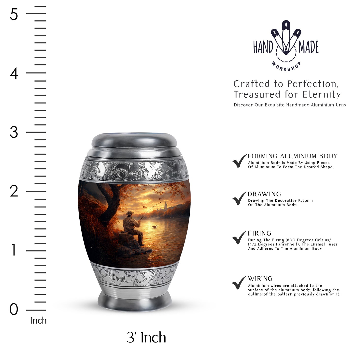 Matte Gold Fishing Cremation Urn lifestyle display on memorial shelf - royal fishing engraving with decorative scrollwork - mini keepsake memorial for portion of cremation ashes