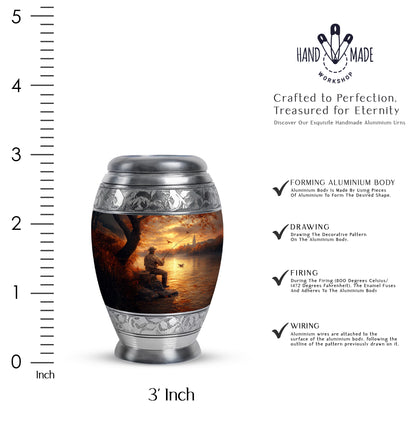 Matte Gold Fishing Cremation Urn lifestyle display on memorial shelf - royal fishing engraving with decorative scrollwork - mini keepsake memorial for portion of cremation ashes