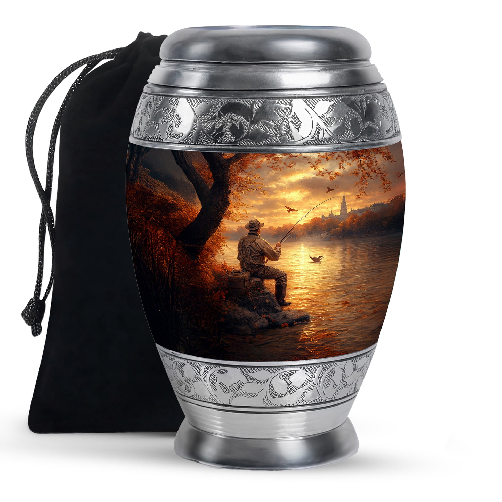 Amber Gold Fishing Cremation Urn back view with polished surface - regal fishing design with crown-inspired accents - full-size 10 inch 200 cubic inch adult cremation urn