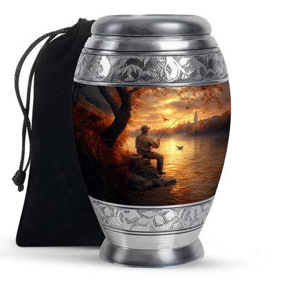 Amber Gold Fishing Cremation Urn back view with polished surface - regal fishing design with crown-inspired accents - full-size 10 inch 200 cubic inch adult cremation urn