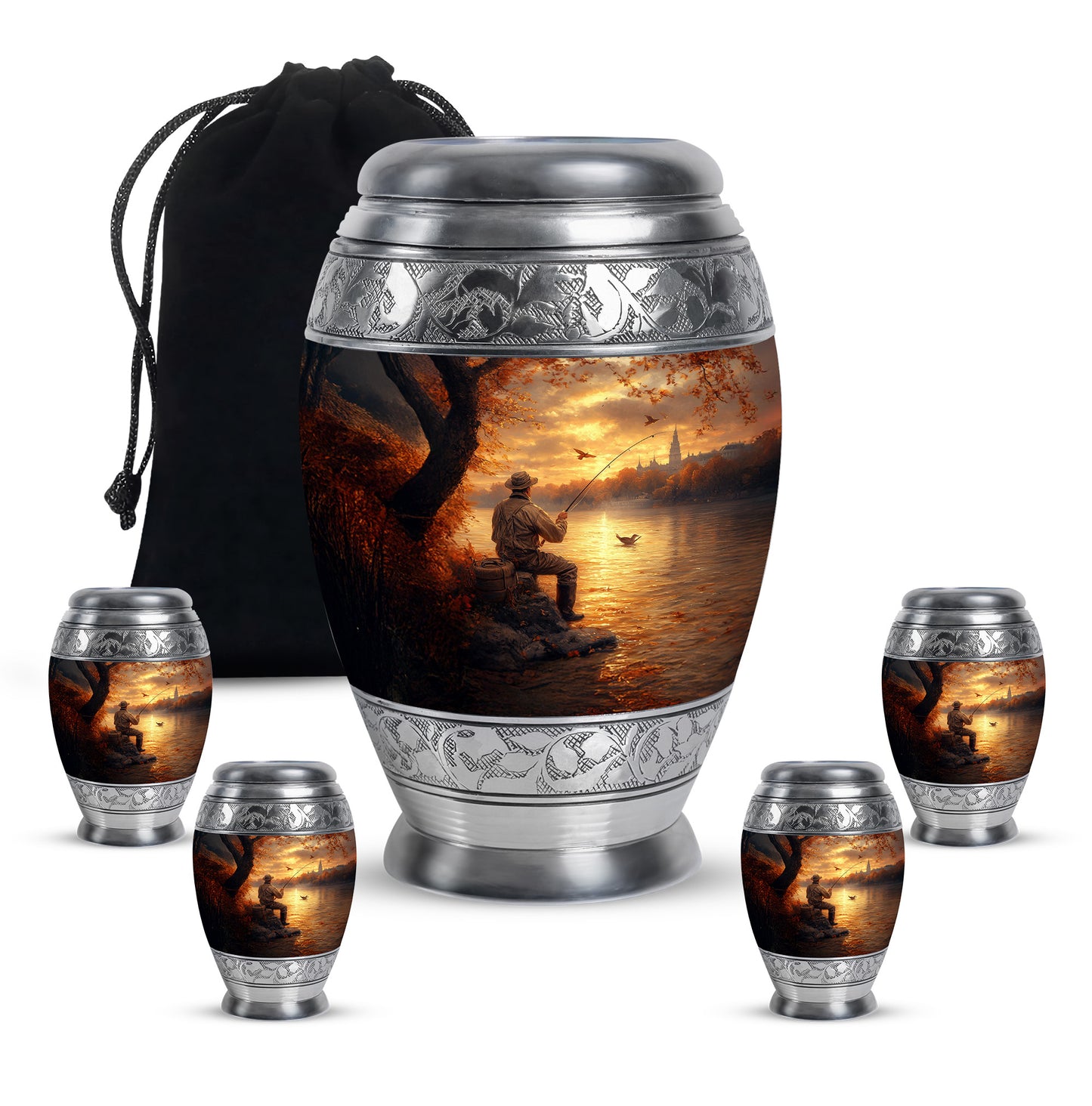 Sunrise Gold Fishing Cremation Urn detail view - regal fishing design with crown-inspired accents - memorial set with one large and four small urns
