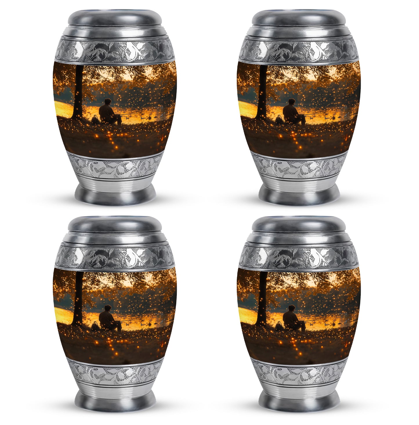 Champagne Gold Fishing Cremation Urn urn with complimentary velvet bag - regal fishing design with crown-inspired accents - 10 inch aluminum urn for cremated remains