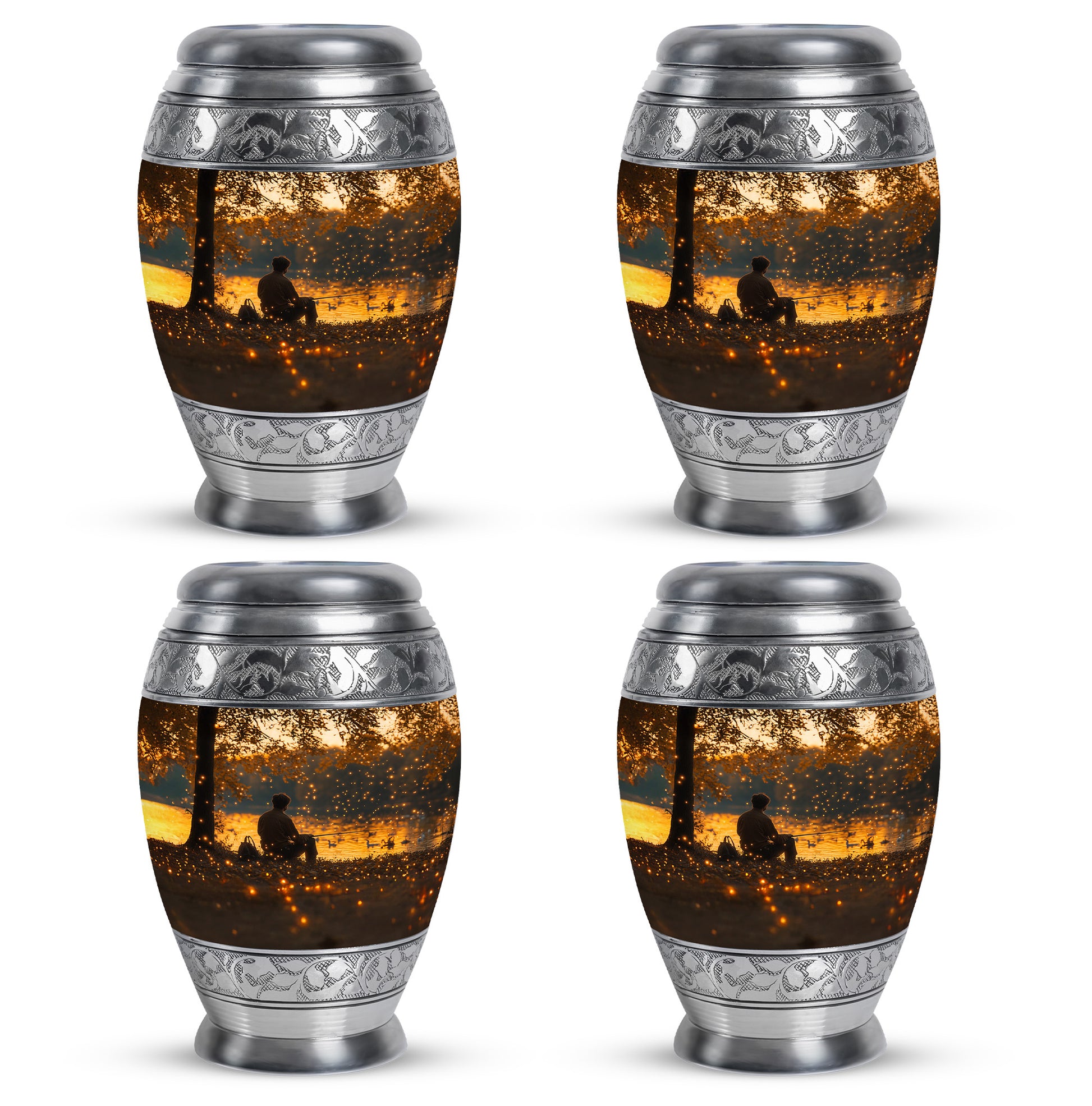 Champagne Gold Fishing Cremation Urn urn with complimentary velvet bag - regal fishing design with crown-inspired accents - 10 inch aluminum urn for cremated remains