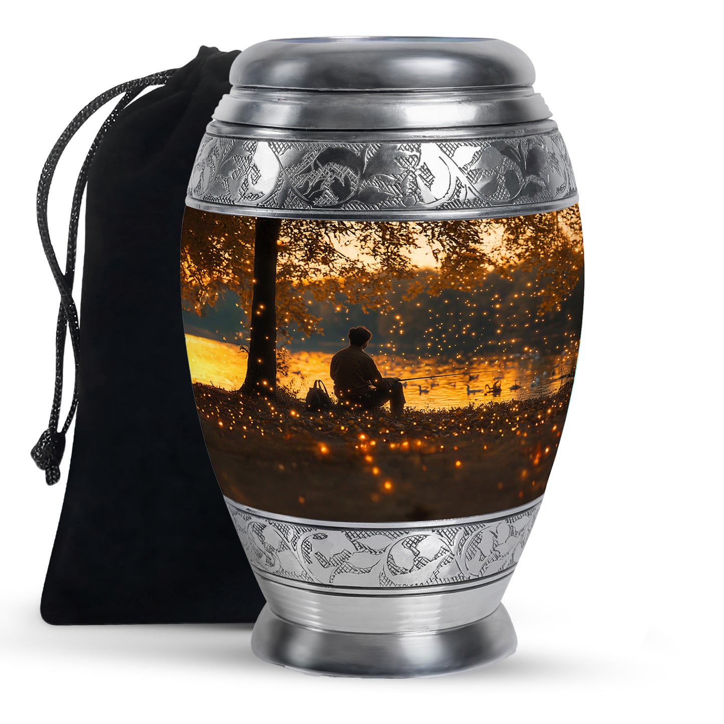 Harvest Gold Fishing Cremation Urn back view with polished surface - royal fishing engraving with decorative scrollwork - full-size 10 inch 200 cubic inch adult cremation urn