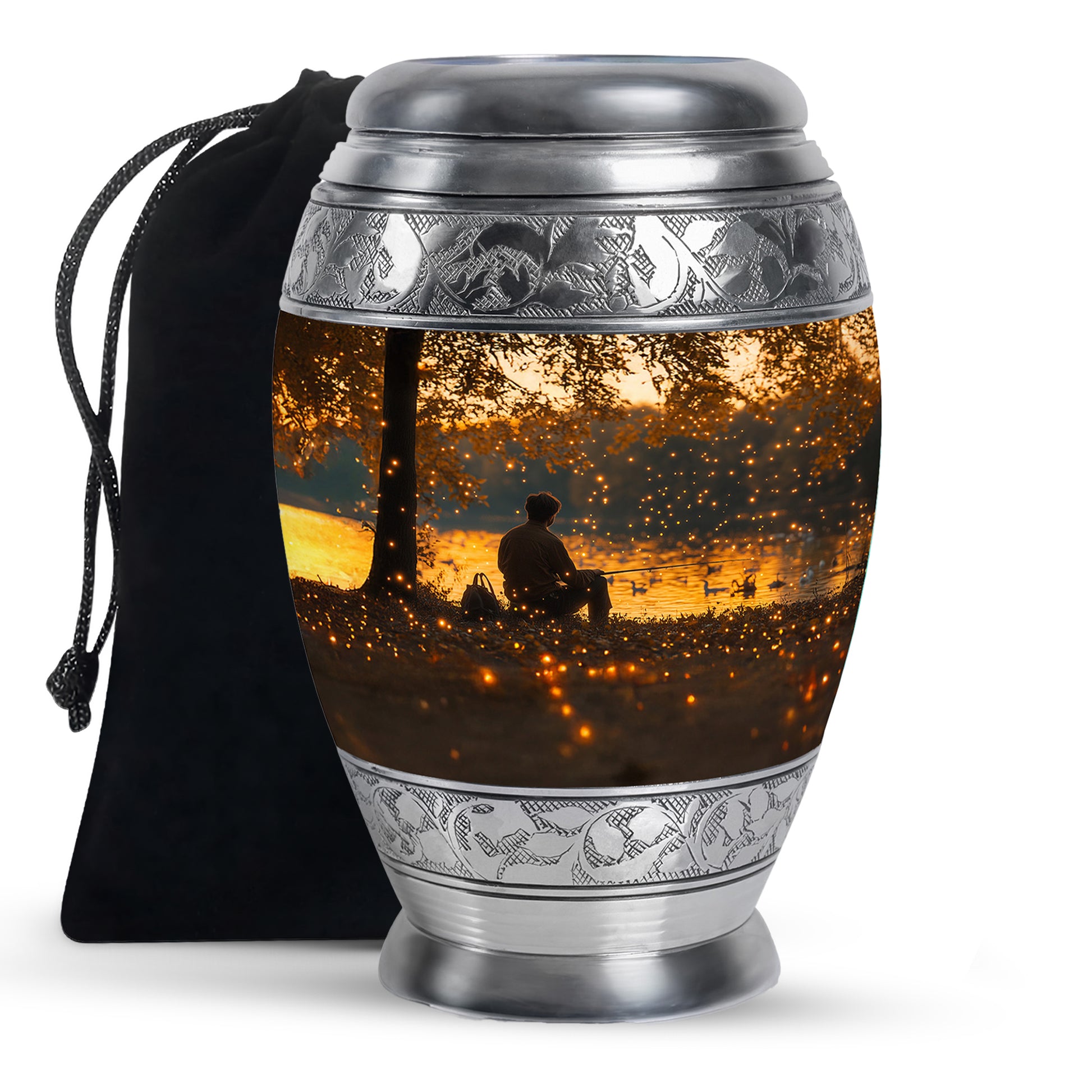 Harvest Gold Fishing Cremation Urn back view with polished surface - royal fishing engraving with decorative scrollwork - full-size 10 inch 200 cubic inch adult cremation urn