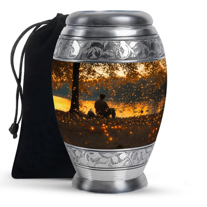 Harvest Gold Fishing Cremation Urn back view with polished surface - royal fishing engraving with decorative scrollwork - full-size 10 inch 200 cubic inch adult cremation urn