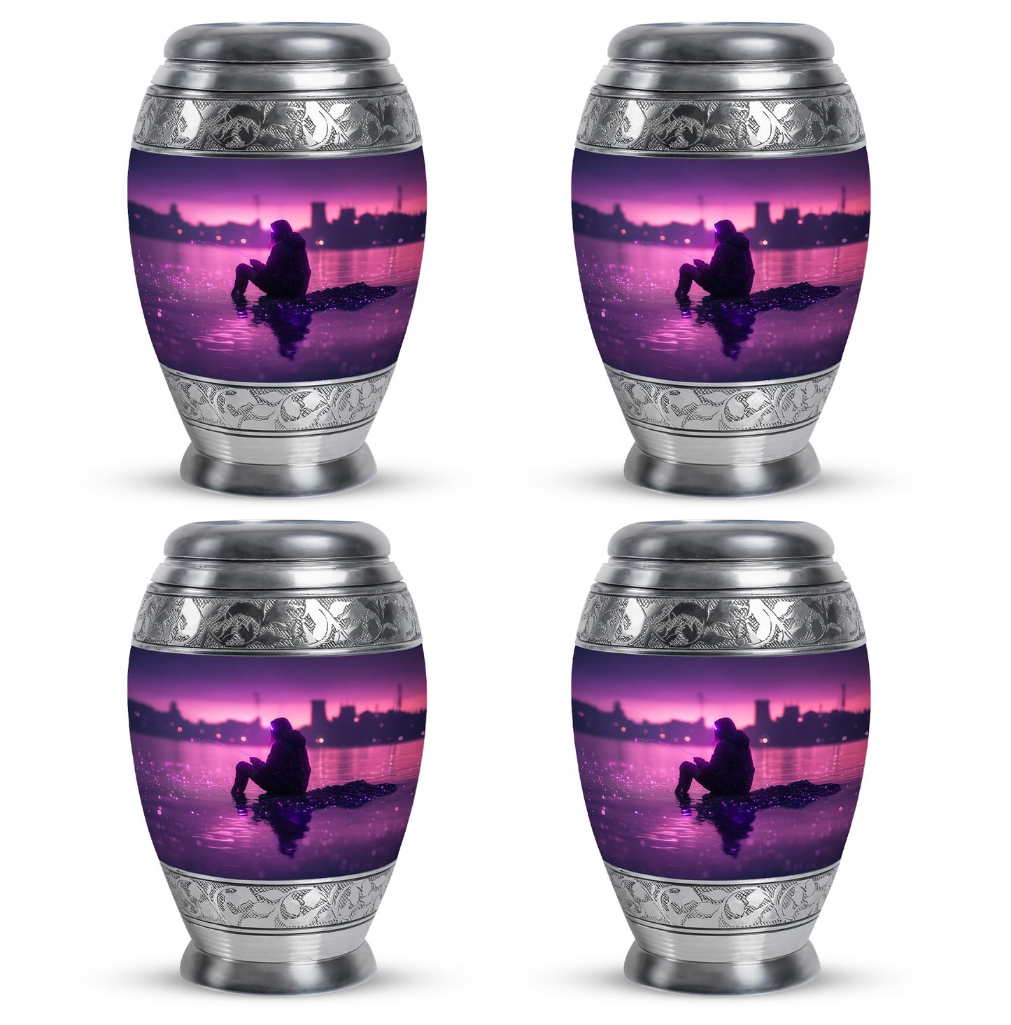 Amethyst Purple Fishing Cremation Urn urn with complimentary velvet bag - ornate monarch-style fishing relief on brushed aluminum - 10 inch aluminum urn for cremated remains
