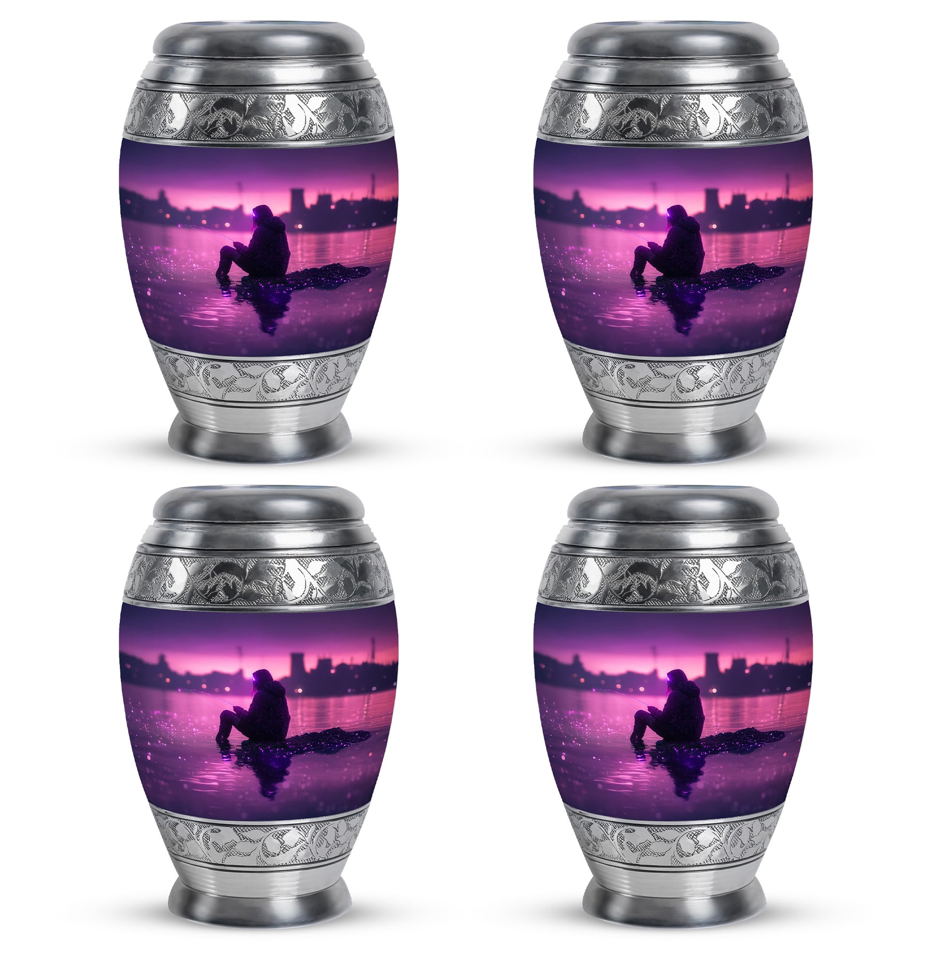 Amethyst Purple Fishing Cremation Urn urn with complimentary velvet bag - ornate monarch-style fishing relief on brushed aluminum - 10 inch aluminum urn for cremated remains