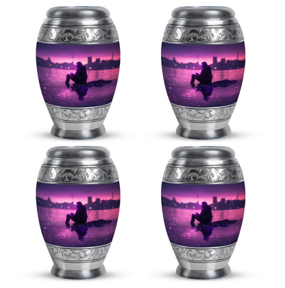 Amethyst Purple Fishing Cremation Urn urn with complimentary velvet bag - ornate monarch-style fishing relief on brushed aluminum - 10 inch aluminum urn for cremated remains