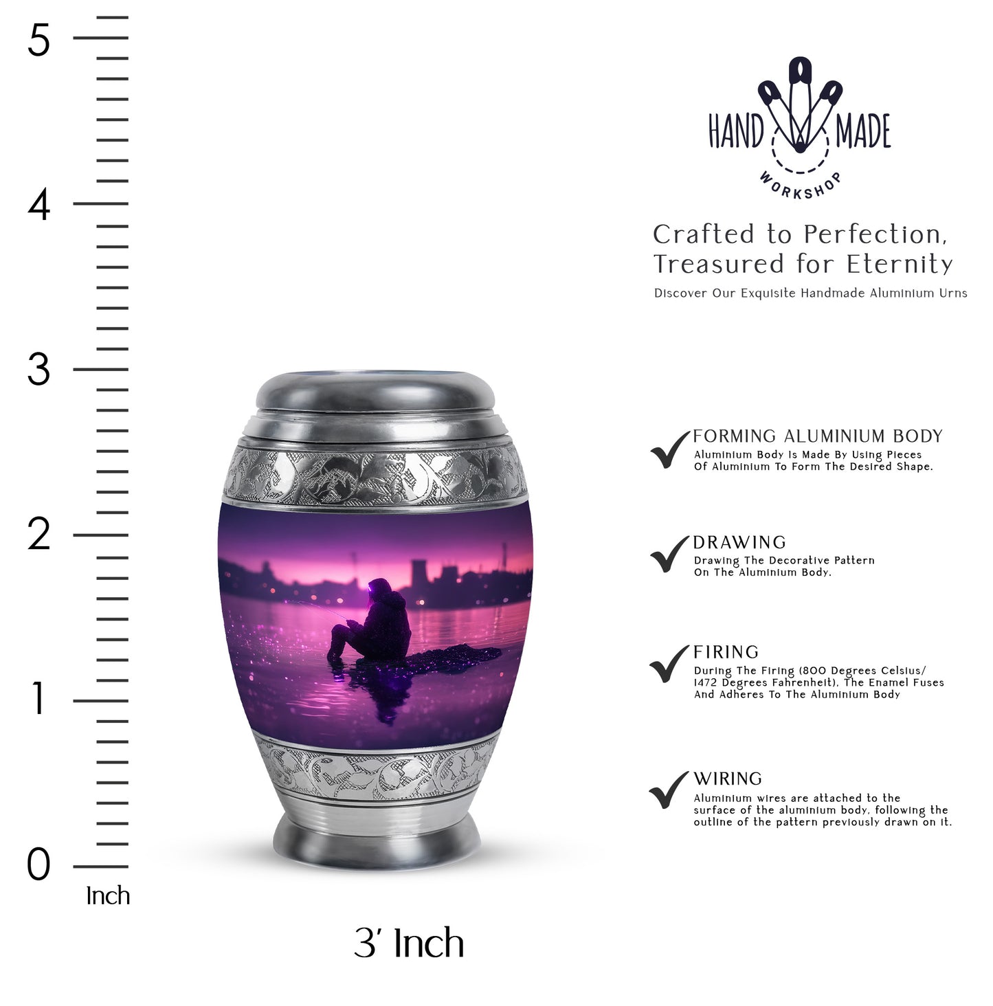 Twilight Purple Fishing Cremation Urn lifestyle display on memorial shelf - royal fishing engraving with decorative scrollwork - mini keepsake memorial for portion of cremation ashes