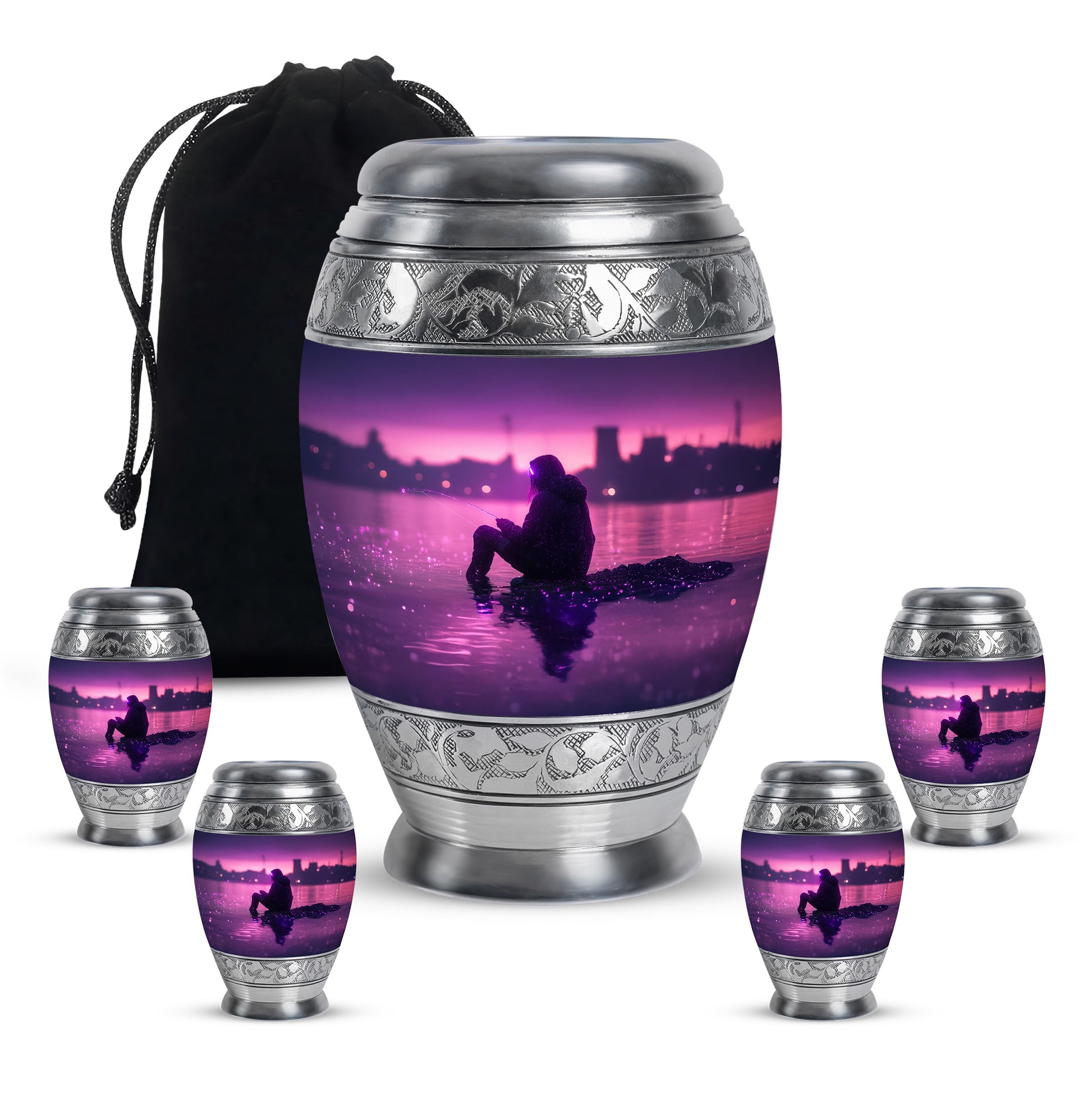 Plum Purple Fishing Cremation Urn detail view - ornate monarch-style fishing relief on brushed aluminum - memorial set with one large and four small urns