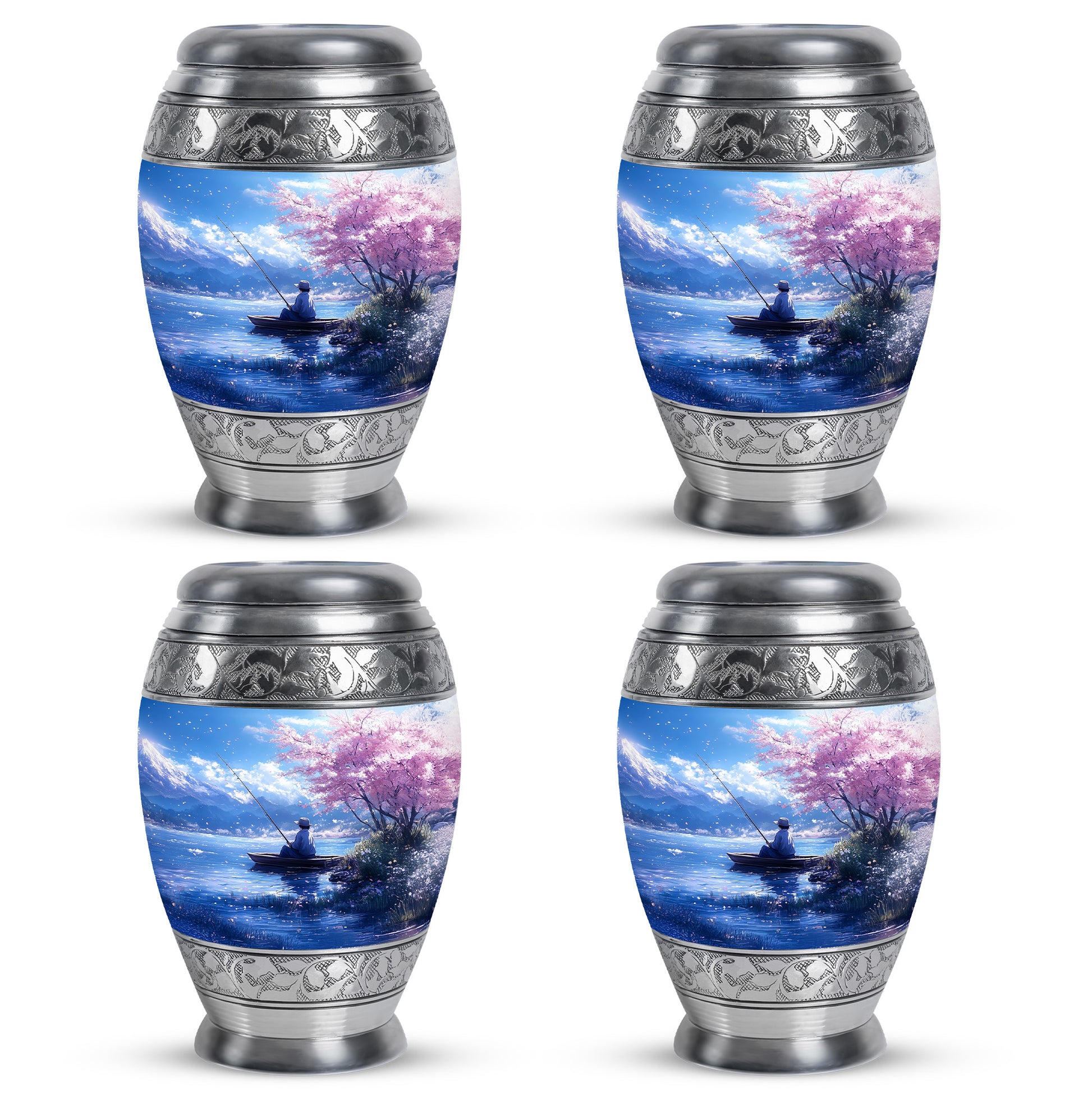 Slate Blue Fishing Cremation Urn urn with complimentary velvet bag - ornate monarch-style fishing relief on brushed aluminum - 10 inch aluminum urn for cremated remains
