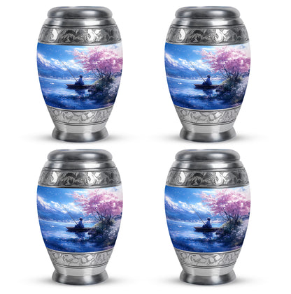 Slate Blue Fishing Cremation Urn urn with complimentary velvet bag - ornate monarch-style fishing relief on brushed aluminum - 10 inch aluminum urn for cremated remains