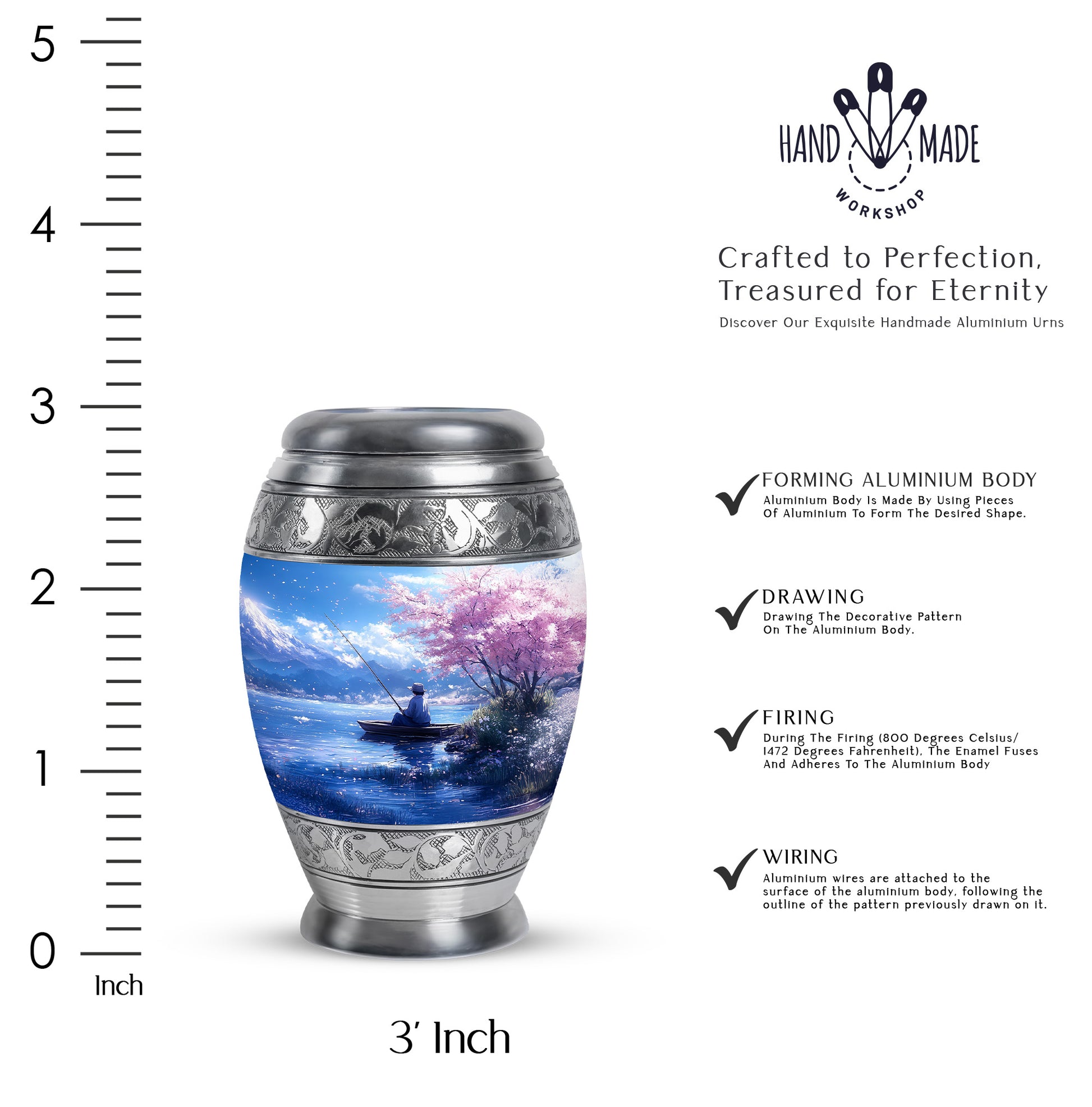 Navy Blue Fishing Cremation Urn lifestyle display on memorial shelf - ornate monarch-style fishing relief on brushed aluminum - mini keepsake memorial for portion of cremation ashes