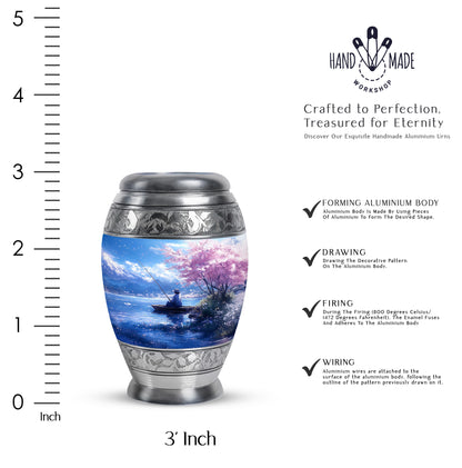 Navy Blue Fishing Cremation Urn lifestyle display on memorial shelf - ornate monarch-style fishing relief on brushed aluminum - mini keepsake memorial for portion of cremation ashes