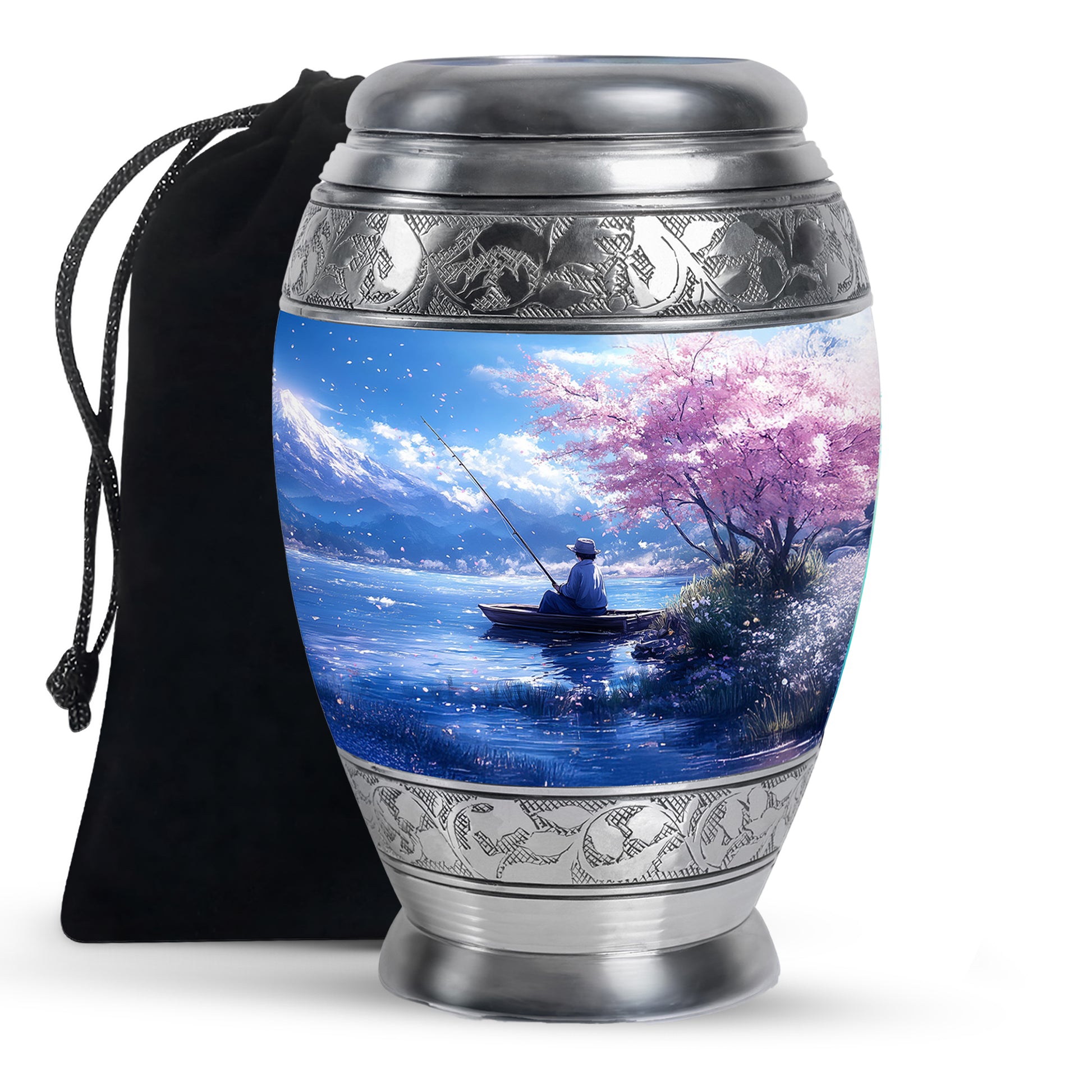 Cobalt Blue Fishing Cremation Urn back view with polished surface - royal fishing engraving with decorative scrollwork - full-size 10 inch 200 cubic inch adult cremation urn