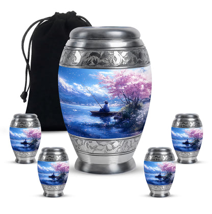 Navy Blue Fishing Cremation Urn detail view - regal fishing design with crown-inspired accents - memorial set with one large and four small urns