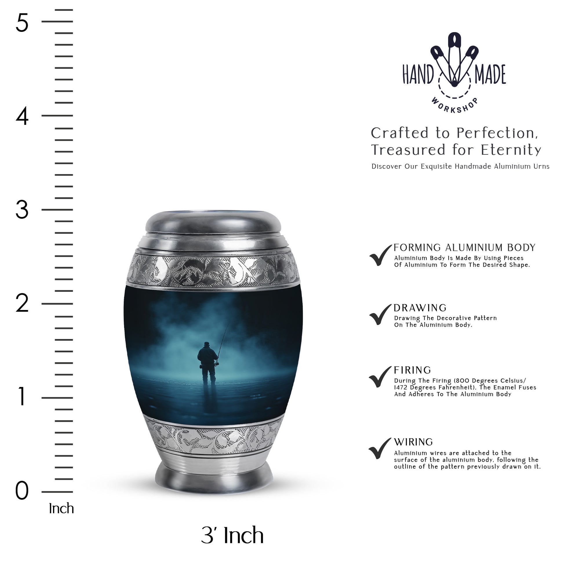 Misty Blue Fishing Cremation Urn lifestyle display on memorial shelf - regal fishing design with crown-inspired accents - mini keepsake memorial for portion of cremation ashes