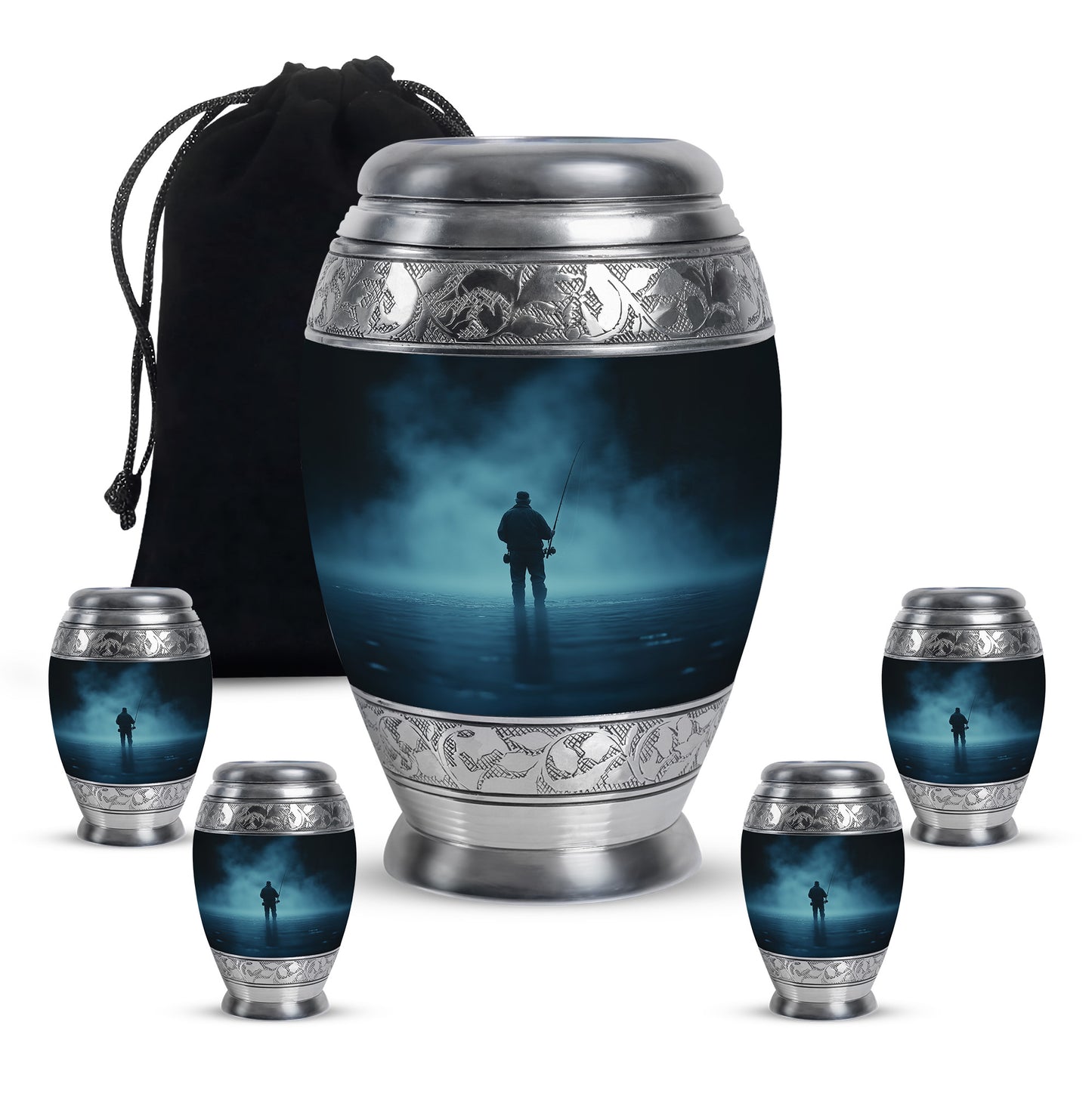 Celestial Blue Fishing Cremation Urn detail view - ornate monarch-style fishing relief on brushed aluminum - memorial set with one large and four small urns
