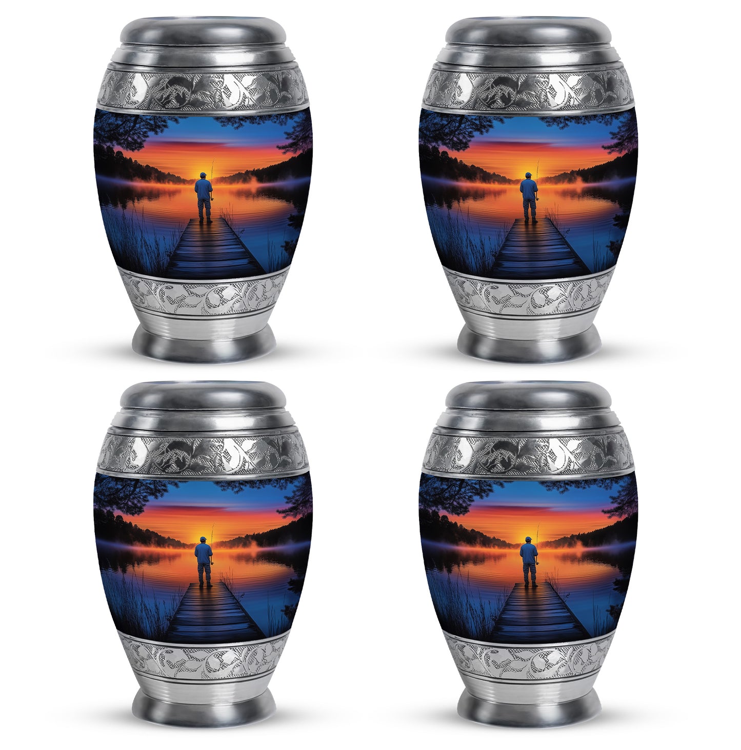 Icy Blue Fishing Cremation Urn urn with complimentary velvet bag - ornate monarch-style fishing relief on brushed aluminum - 10 inch aluminum urn for cremated remains