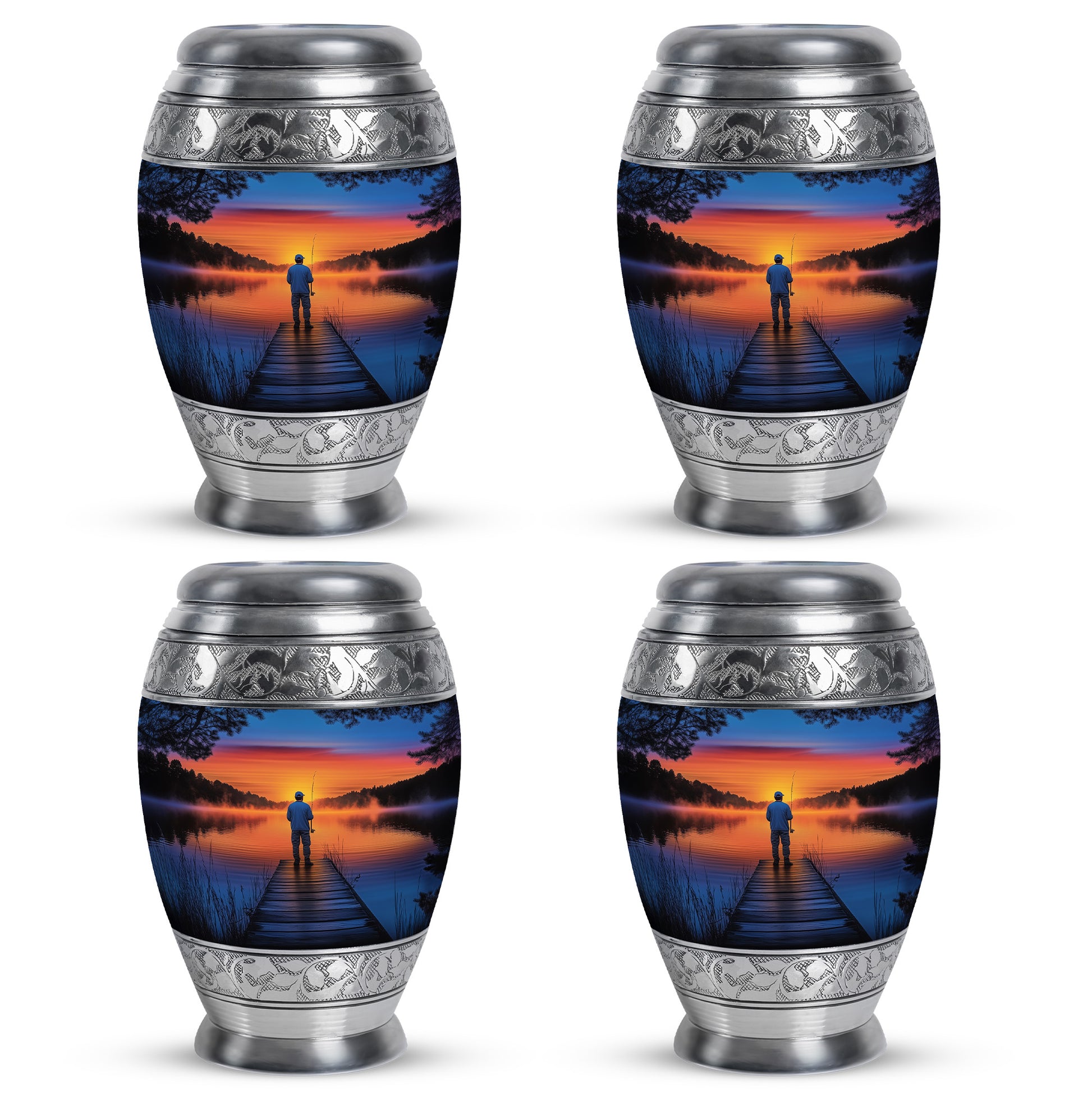 Icy Blue Fishing Cremation Urn urn with complimentary velvet bag - ornate monarch-style fishing relief on brushed aluminum - 10 inch aluminum urn for cremated remains