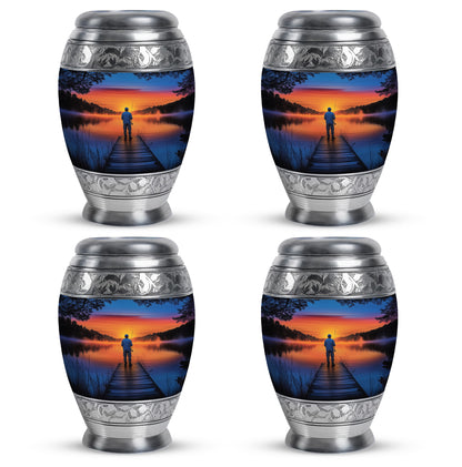 Icy Blue Fishing Cremation Urn urn with complimentary velvet bag - ornate monarch-style fishing relief on brushed aluminum - 10 inch aluminum urn for cremated remains