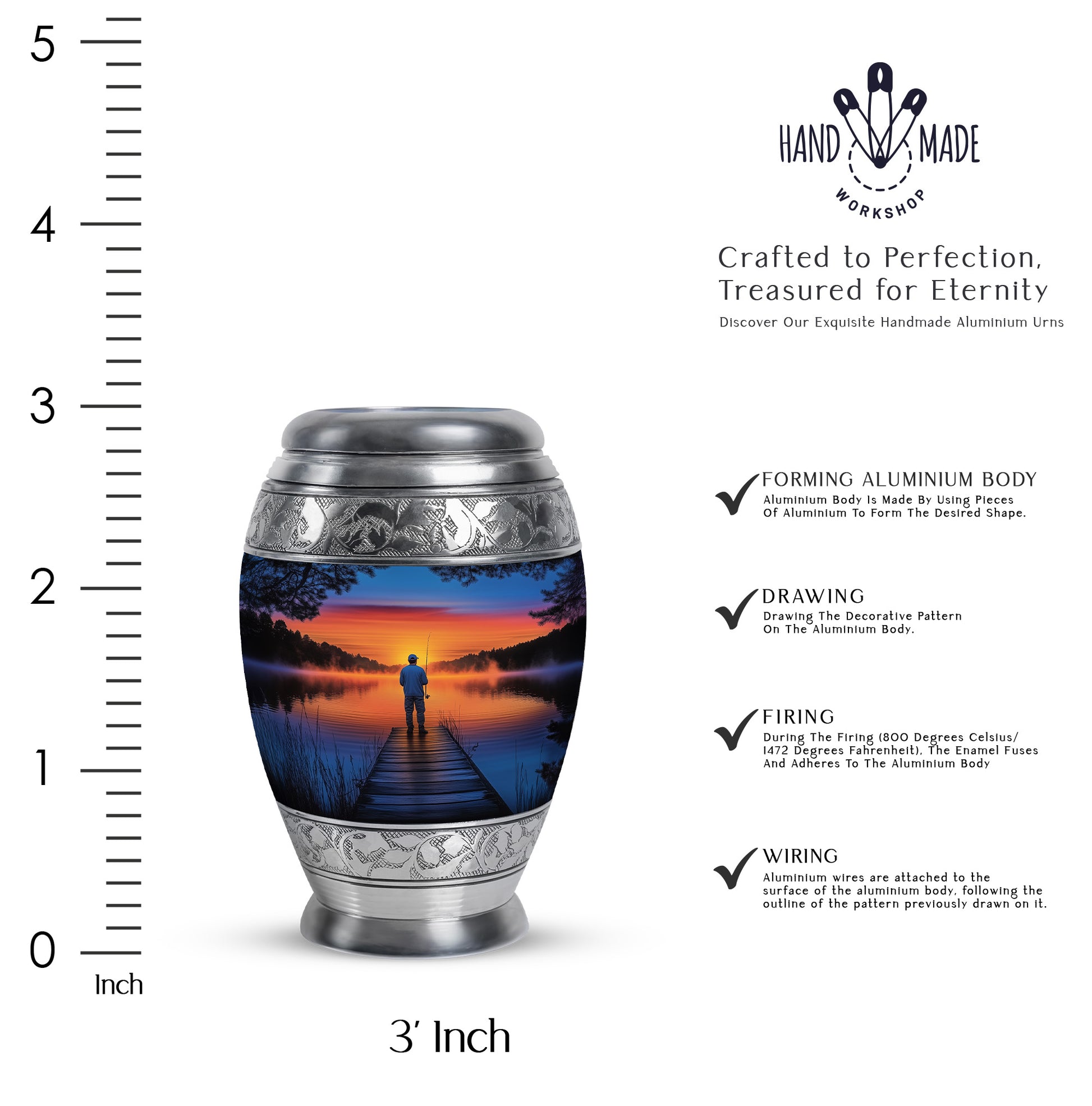 Vivid Blue Fishing Cremation Urn lifestyle display on memorial shelf - royal fishing engraving with decorative scrollwork - mini keepsake memorial for portion of cremation ashes