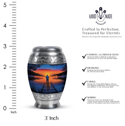 Vivid Blue Fishing Cremation Urn lifestyle display on memorial shelf - royal fishing engraving with decorative scrollwork - mini keepsake memorial for portion of cremation ashes