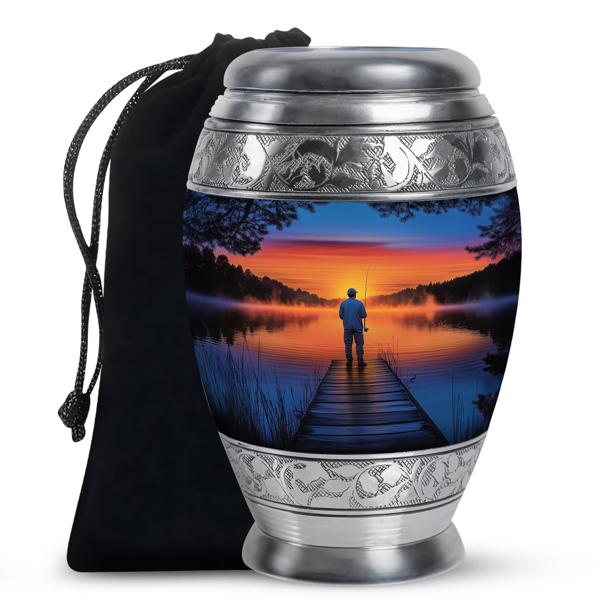 Cobalt Blue Fishing Cremation Urn back view with polished surface - royal fishing engraving with decorative scrollwork - full-size 10 inch 200 cubic inch adult cremation urn