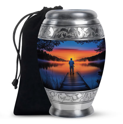 Cobalt Blue Fishing Cremation Urn back view with polished surface - royal fishing engraving with decorative scrollwork - full-size 10 inch 200 cubic inch adult cremation urn