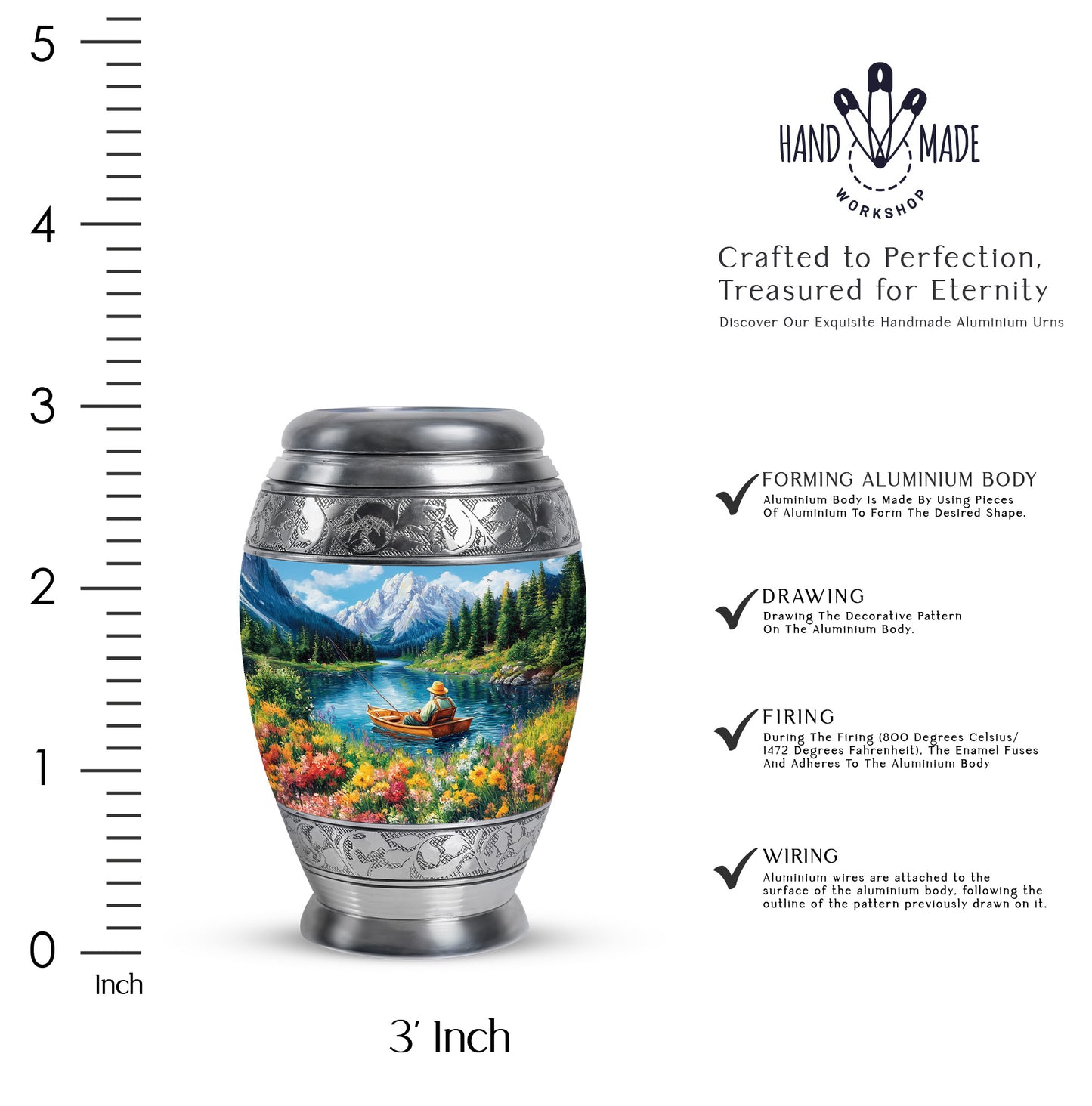 Soft Blue Fishing Cremation Urn lifestyle display on memorial shelf - majestic fishing pattern with filigree border - mini keepsake memorial for portion of cremation ashes