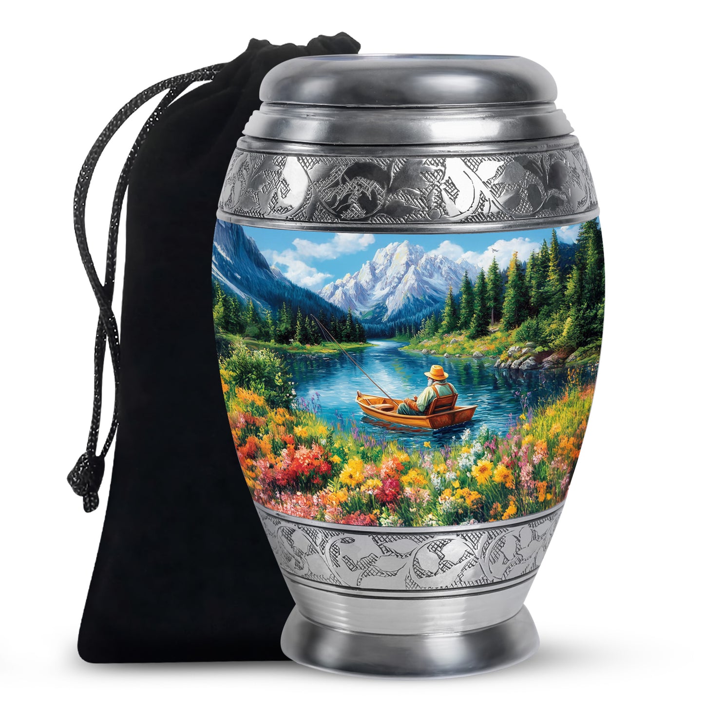 Sapphire Blue Fishing Cremation Urn back view with polished surface - royal fishing engraving with decorative scrollwork - full-size 10 inch 200 cubic inch adult cremation urn