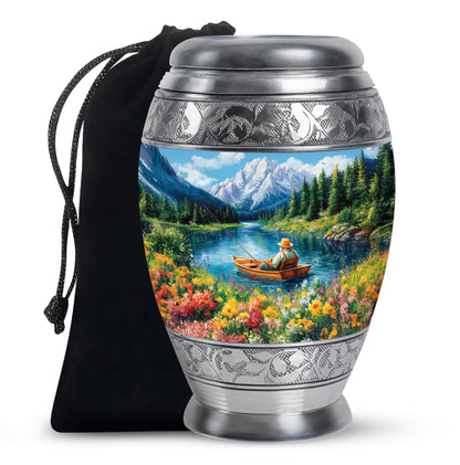 Sapphire Blue Fishing Cremation Urn back view with polished surface - royal fishing engraving with decorative scrollwork - full-size 10 inch 200 cubic inch adult cremation urn