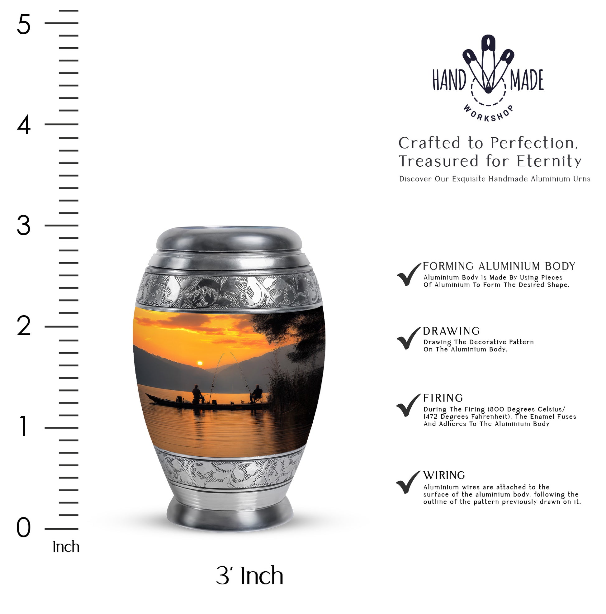 Warm Gold Fishing Cremation Urn lifestyle display on memorial shelf - royal fishing engraving with decorative scrollwork - mini keepsake memorial for portion of cremation ashes