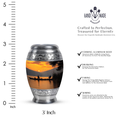 Warm Gold Fishing Cremation Urn lifestyle display on memorial shelf - royal fishing engraving with decorative scrollwork - mini keepsake memorial for portion of cremation ashes