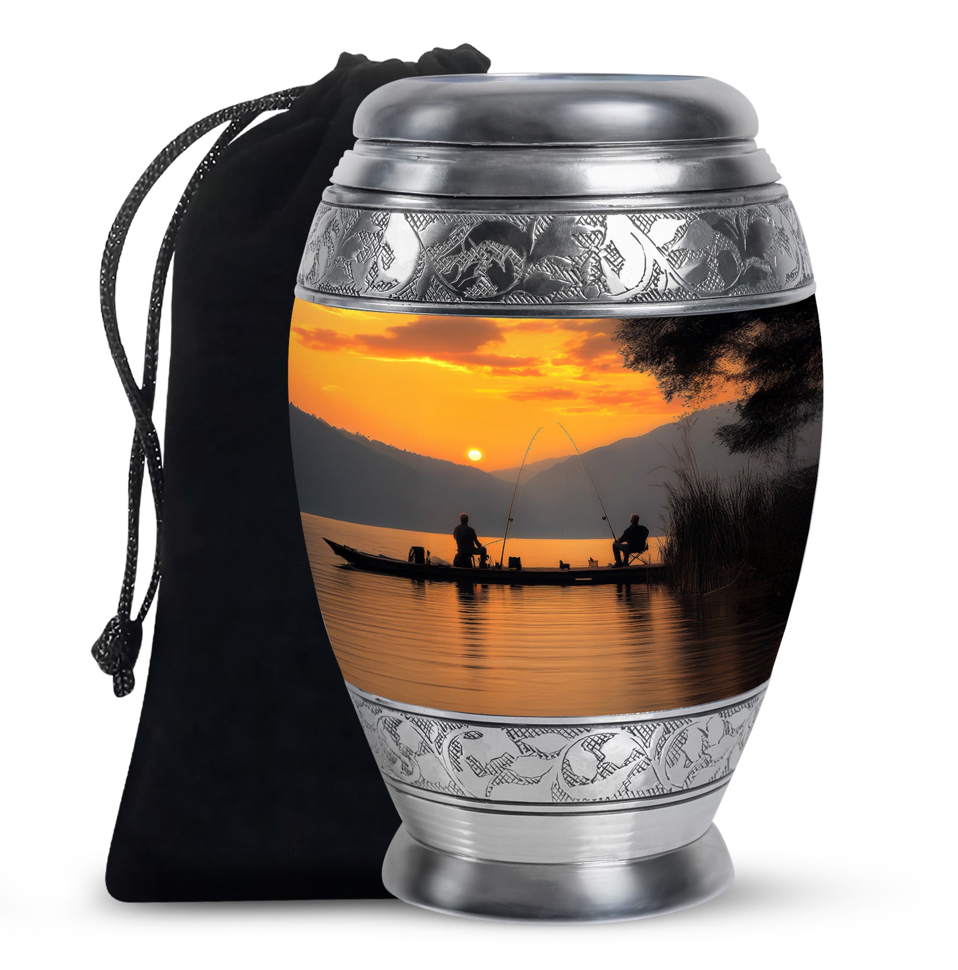 Gilded Gold Fishing Cremation Urn back view with polished surface - ornate monarch-style fishing relief on brushed aluminum - full-size 10 inch 200 cubic inch adult cremation urn