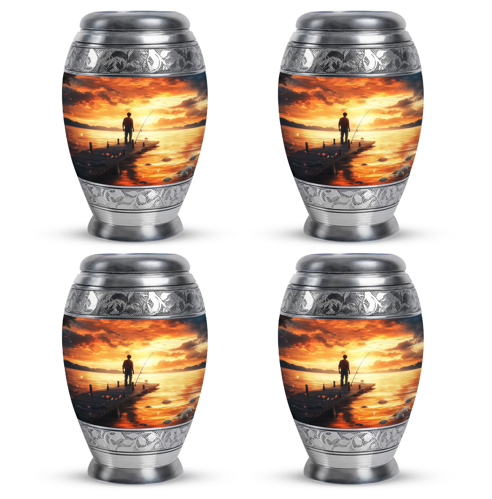Sunrise Gold Fishing Cremation Urn urn with complimentary velvet bag - ornate monarch-style fishing relief on brushed aluminum - 10 inch aluminum urn for cremated remains