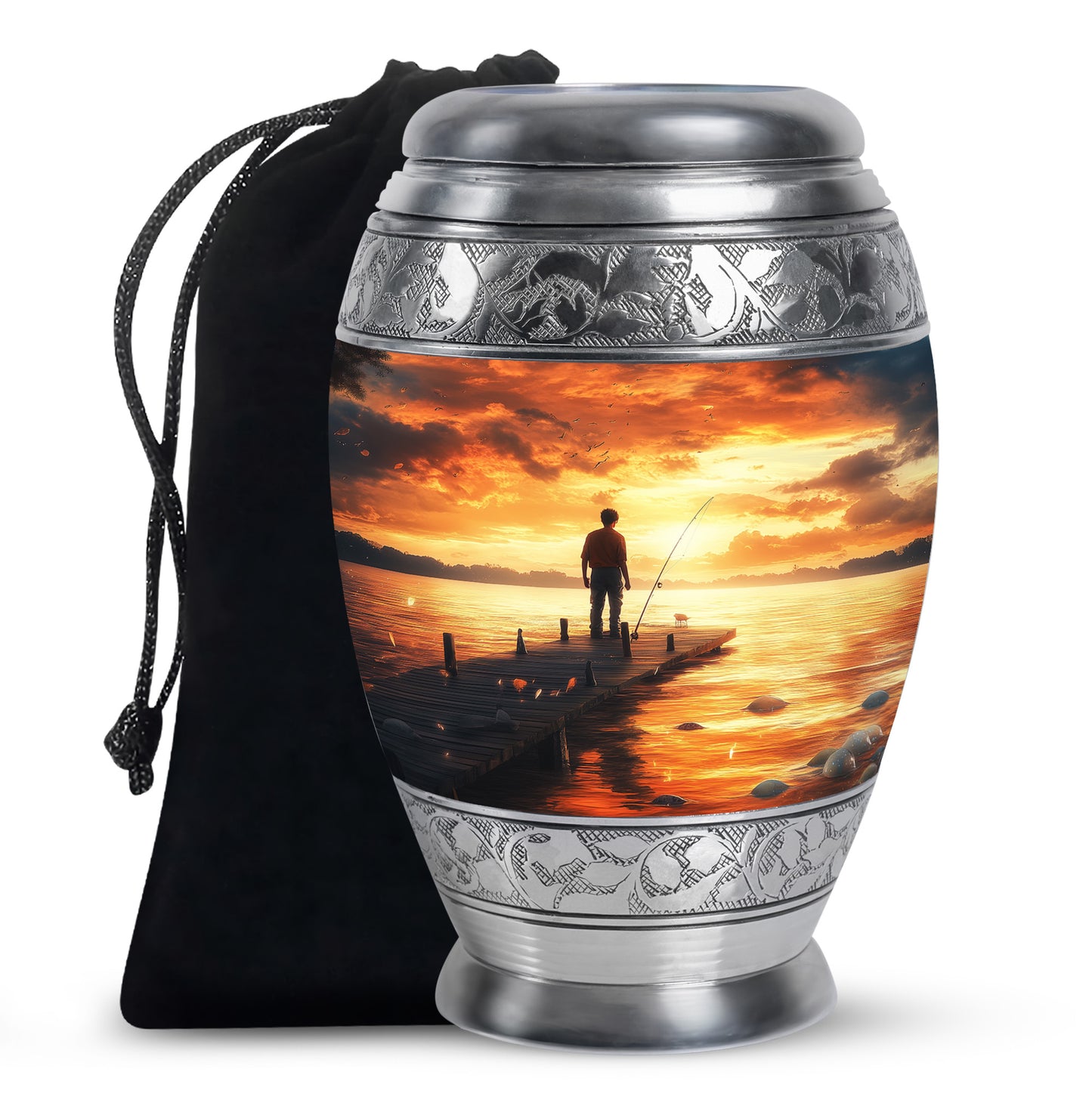 Harvest Gold Fishing Cremation Urn back view with polished surface - royal fishing engraving with decorative scrollwork - full-size 10 inch 200 cubic inch adult cremation urn