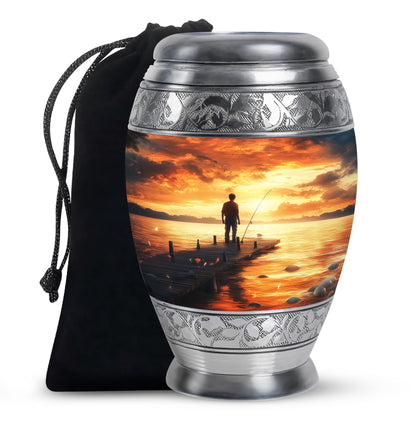 Harvest Gold Fishing Cremation Urn back view with polished surface - royal fishing engraving with decorative scrollwork - full-size 10 inch 200 cubic inch adult cremation urn