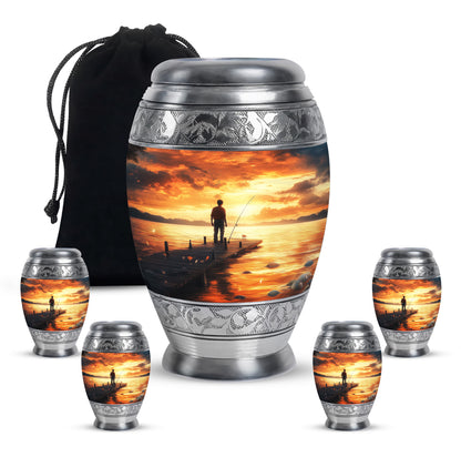 Harvest Gold Fishing Cremation Urn detail view - royal fishing engraving with decorative scrollwork - memorial set with one large and four small urns