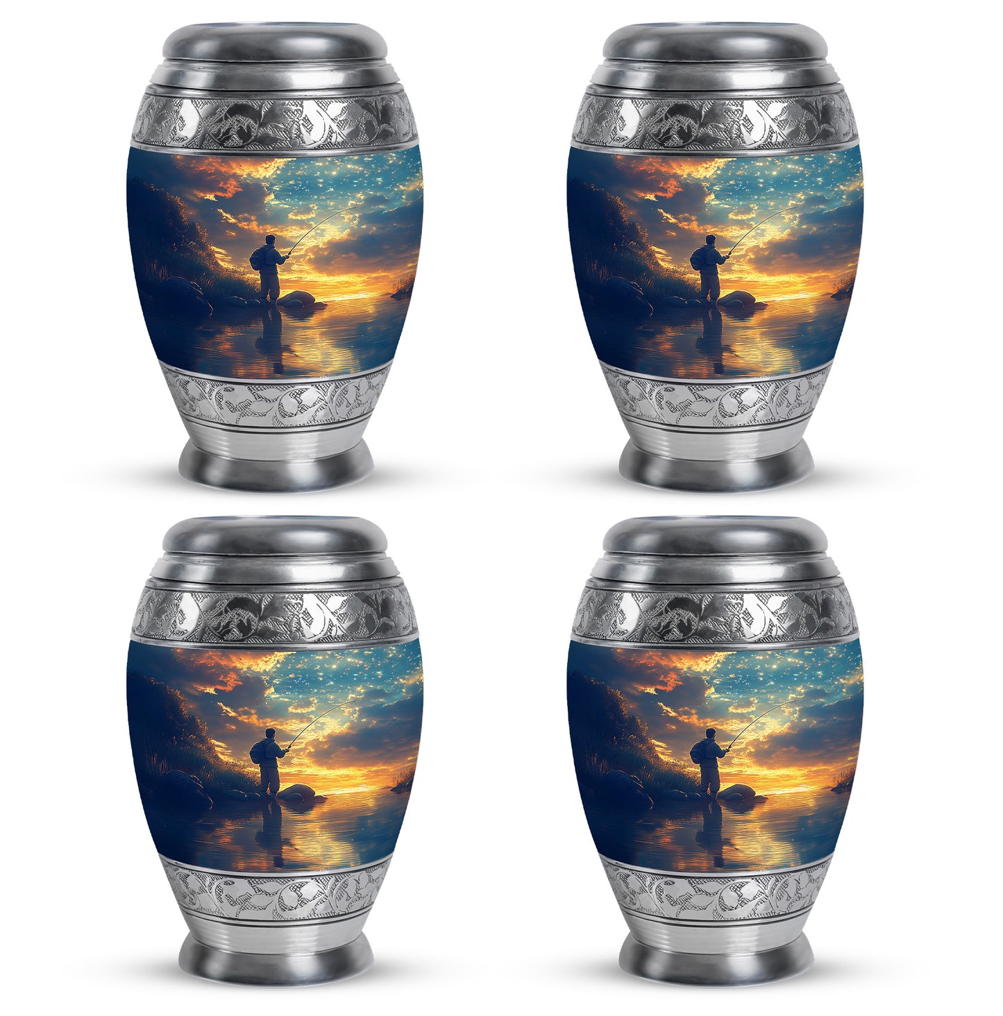 Slate Blue Fishing Cremation Urn urn with complimentary velvet bag - ornate monarch-style fishing relief on brushed aluminum - 10 inch aluminum urn for cremated remains