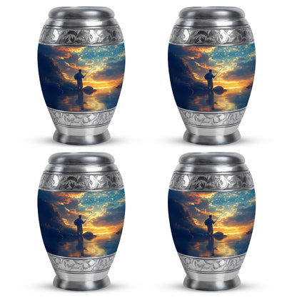 Slate Blue Fishing Cremation Urn urn with complimentary velvet bag - ornate monarch-style fishing relief on brushed aluminum - 10 inch aluminum urn for cremated remains