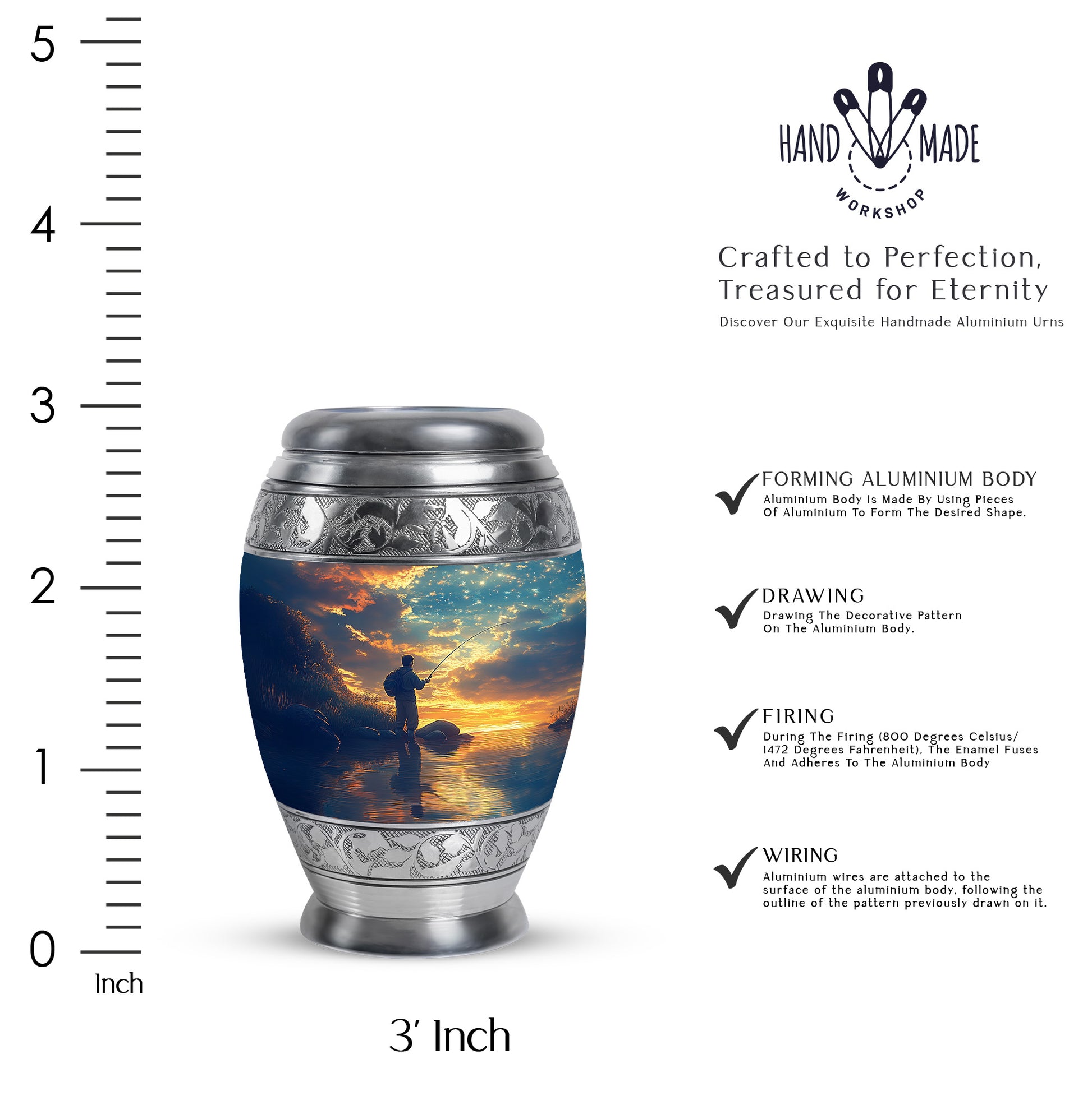 Calming Blue Fishing Cremation Urn lifestyle display on memorial shelf - majestic fishing pattern with filigree border - mini keepsake memorial for portion of cremation ashes