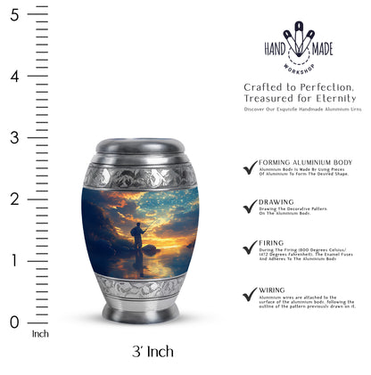 Calming Blue Fishing Cremation Urn lifestyle display on memorial shelf - majestic fishing pattern with filigree border - mini keepsake memorial for portion of cremation ashes